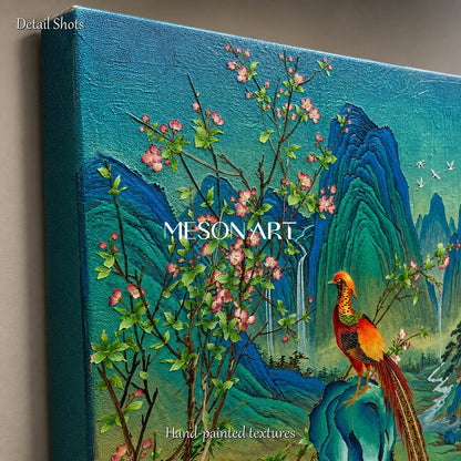 Blue And Green Gongbi Landscape Painting Rectangular Wall Art Bird And Blossom Original Artist By Mesonart