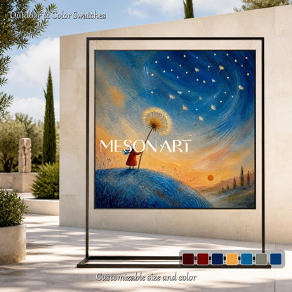 Blue And Gold Painting Whimsical Fantasy Dandelion Girl Starry Sunset Storybook Square Wall Art For Bedroom By Mesonart
