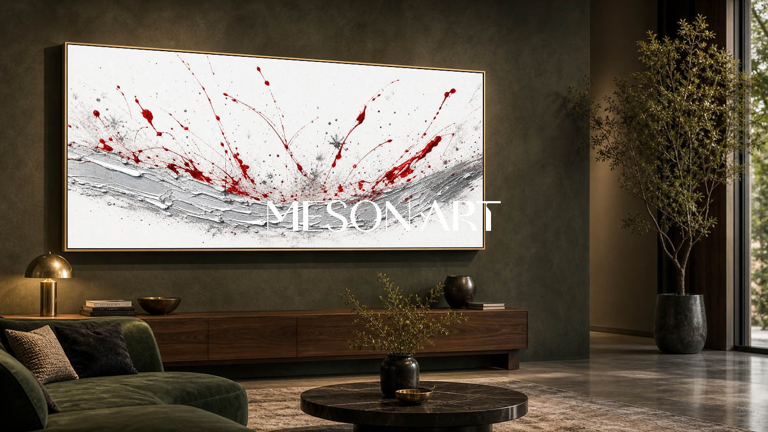 Bold Red And Silver Abstract Art Painting With Palette Knife Texture For Modern Living Room Decor