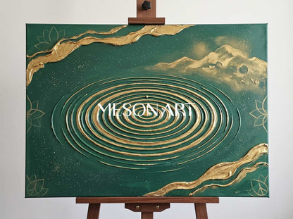 Emerald Green And Gold Textured Art Deco Painting For Modern Living Room Decor