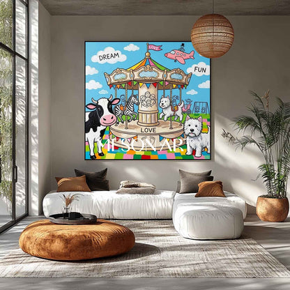 Stravagante carosello di animali dipinto per la stanza dei bambini Arte da parete con temi di amore e sogno