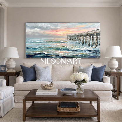 Luxury Impressionist Seascape Painting With Wooden Pier For Coastal Living Room Decor