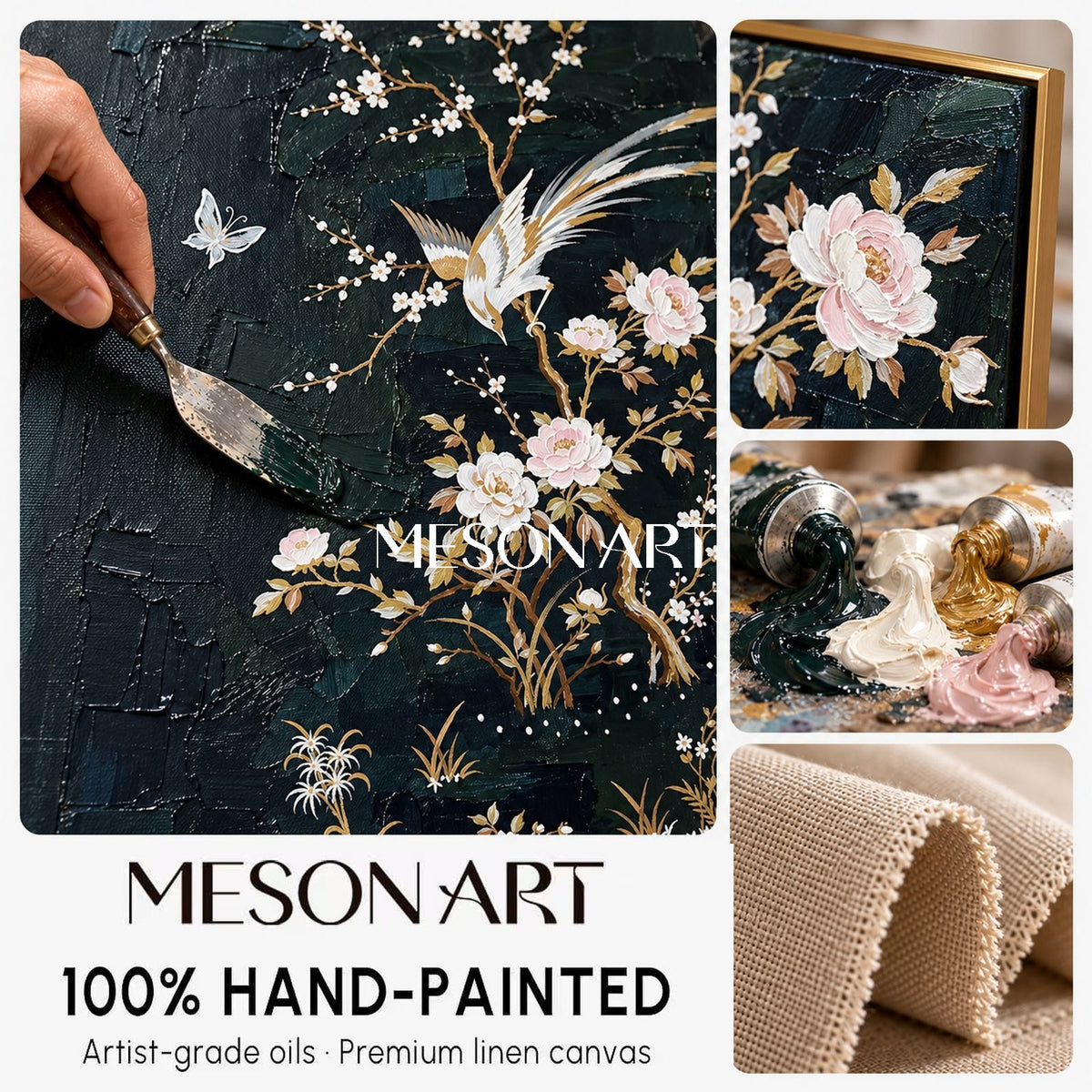 Black And White Japanese Style Floral Painting Rectangular Wall Art Original Artist Hand Painted By Mesonart