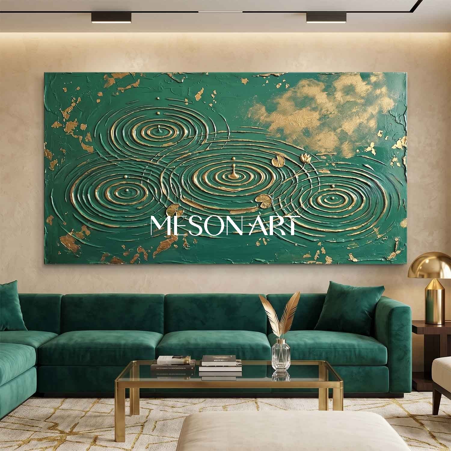Emerald Green Gold Leaf Abstract Wall Art For Modern Living Room Decor With Textured Relief Finish