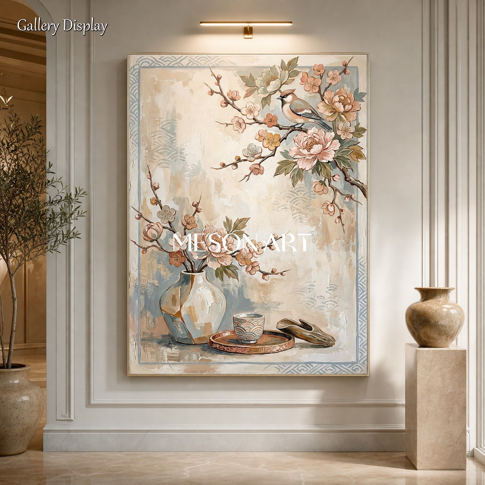 Elegant Beige Floral Bird Painting For Modern Living Room And Dining Room Wall Decor