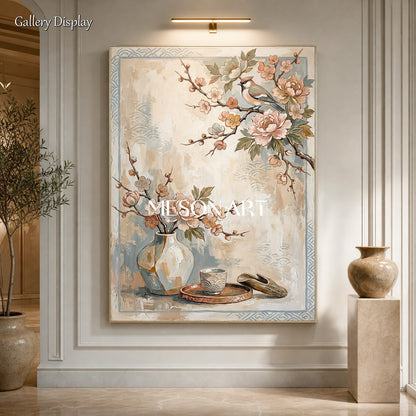 Elegant Beige Floral Bird Painting For Modern Living Room And Dining Room Wall Decor