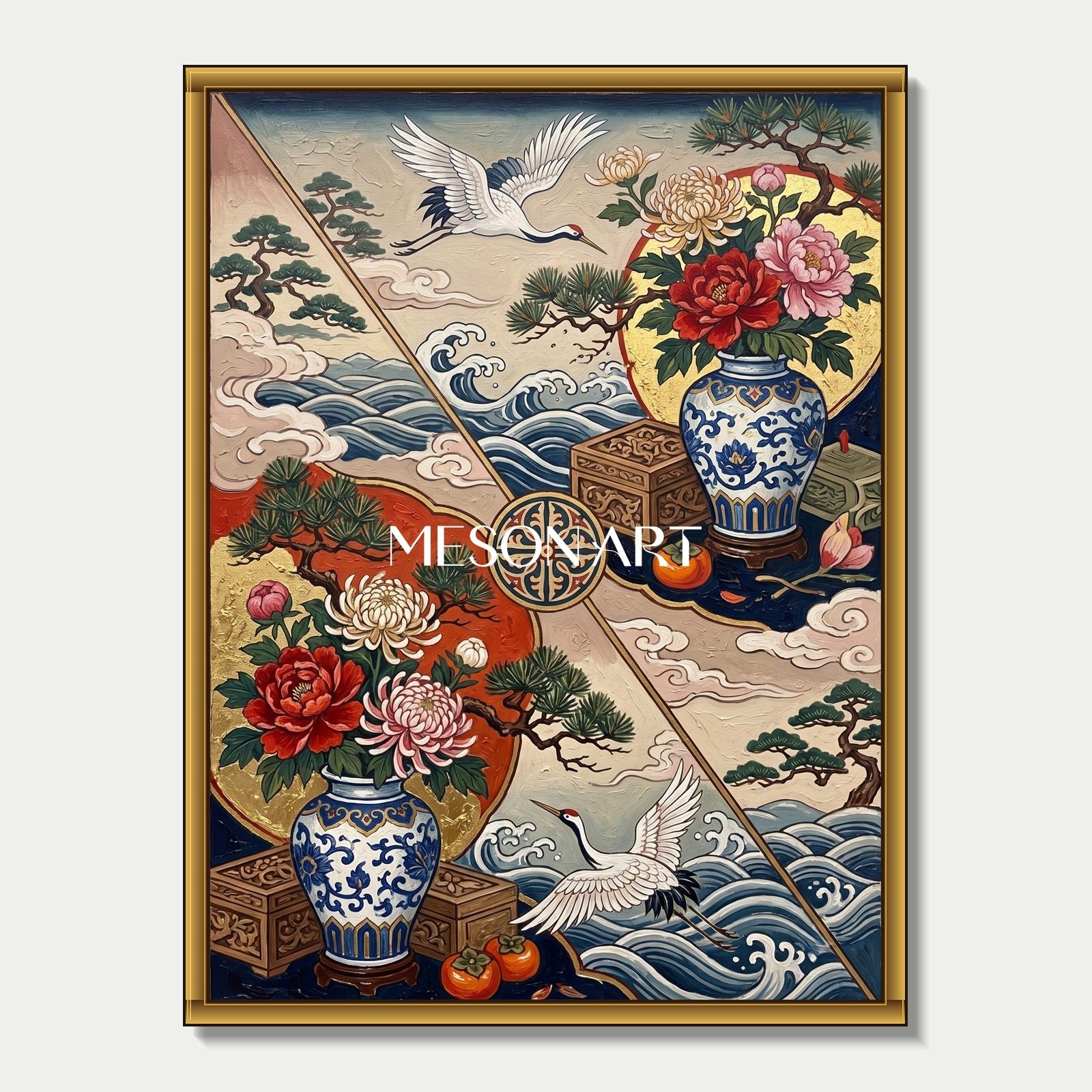 Luxury Chinoiserie Crane And Peony Wall Art With Gold Frame For Living Room Entryway Decor