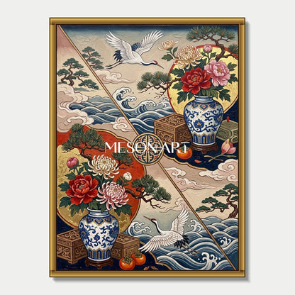 Luxury Chinoiserie Crane And Peony Wall Art With Gold Frame For Living Room Entryway Decor