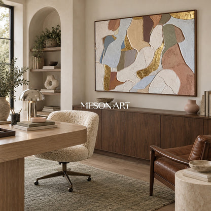 Beige And Gold Abstract Textured Organic Minimal Modern Rectangular Wall Art For Living Room By Mesonart
