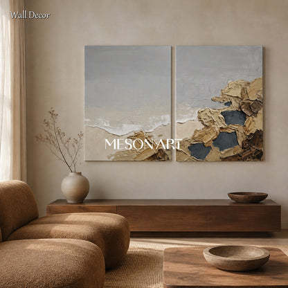 Dipinti astratti nei toni del beige e del grigio – Grande quadro rettangolare da appendere in salotto – Opera originale dell’artista Mesonart