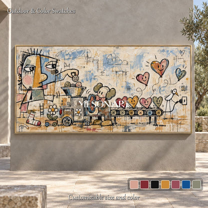 Beige And Blue Graffiti Abstract Painting Original Artist Hand Painted Panoramic Wall Art For Living Room By Mesonart