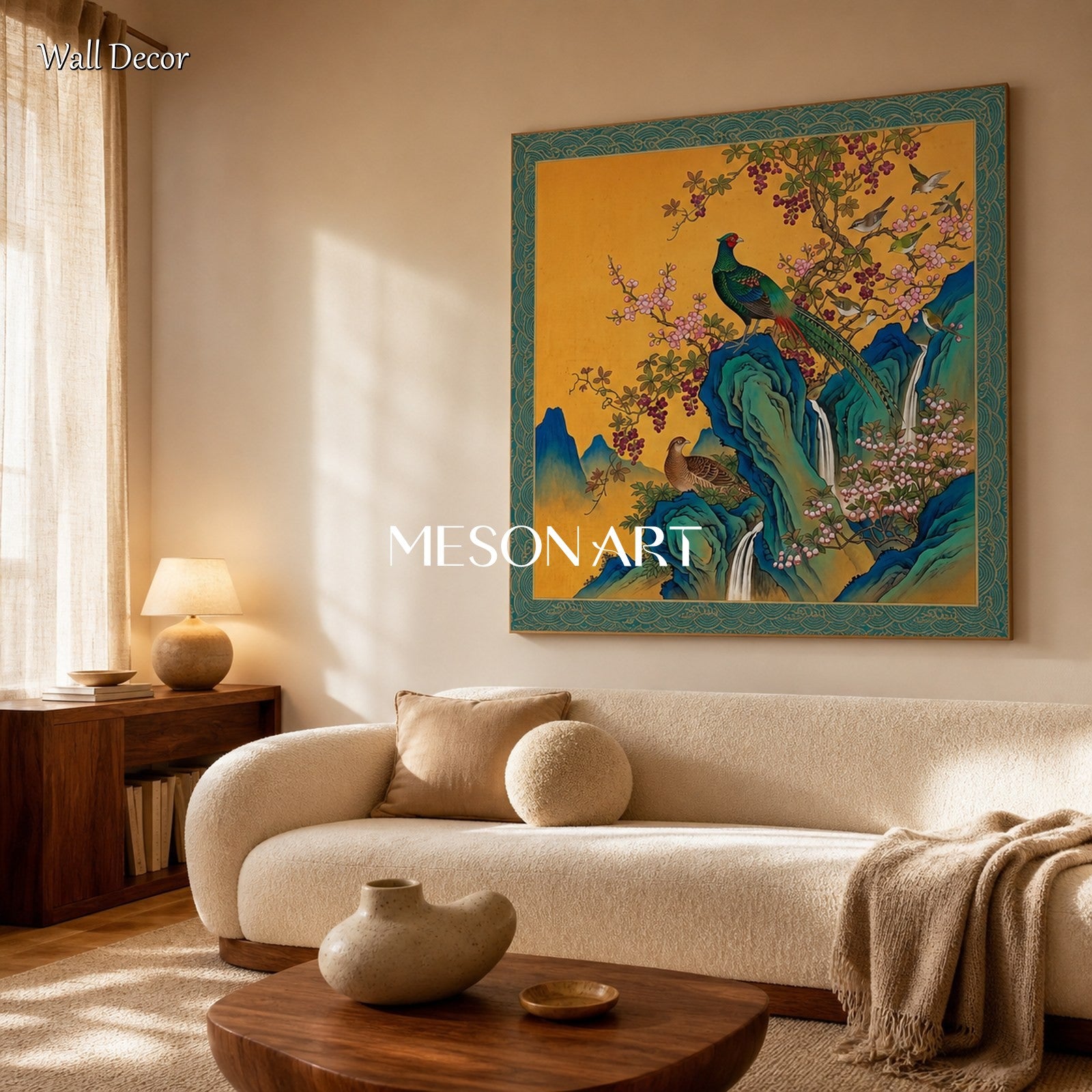 Gold And Blue Gongbi Bird And Blossom Painting Square Wall Art Original Chinese Style Artwork By Mesonart