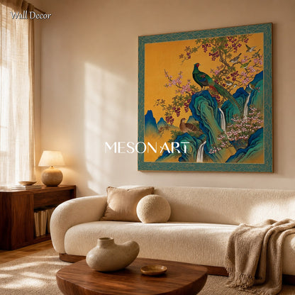 Gold And Blue Gongbi Bird And Blossom Painting Square Wall Art Original Chinese Style Artwork By Mesonart