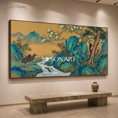 Blue And Gold Gongbi Painting Original Artist Panoramic Wall Art For Living Room By Mesonart