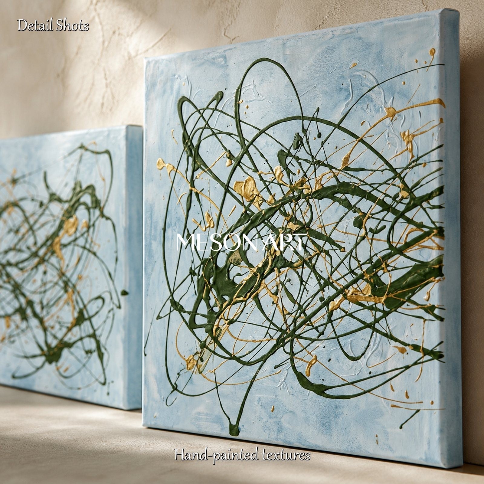 Blue And Green Pollock Style Painting Square Drip Art By Jackson Inspired Contemporary Wall Decor For Living Room By Mesonart