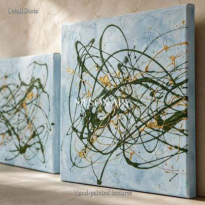 Blue And Green Pollock Style Painting Square Drip Art By Jackson Inspired Contemporary Wall Decor For Living Room By Mesonart