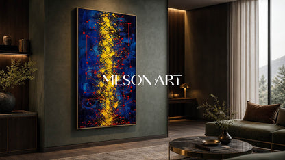 Blue And Gold Abstract Painting With Red Splatter Texture For Modern Living Room Decor