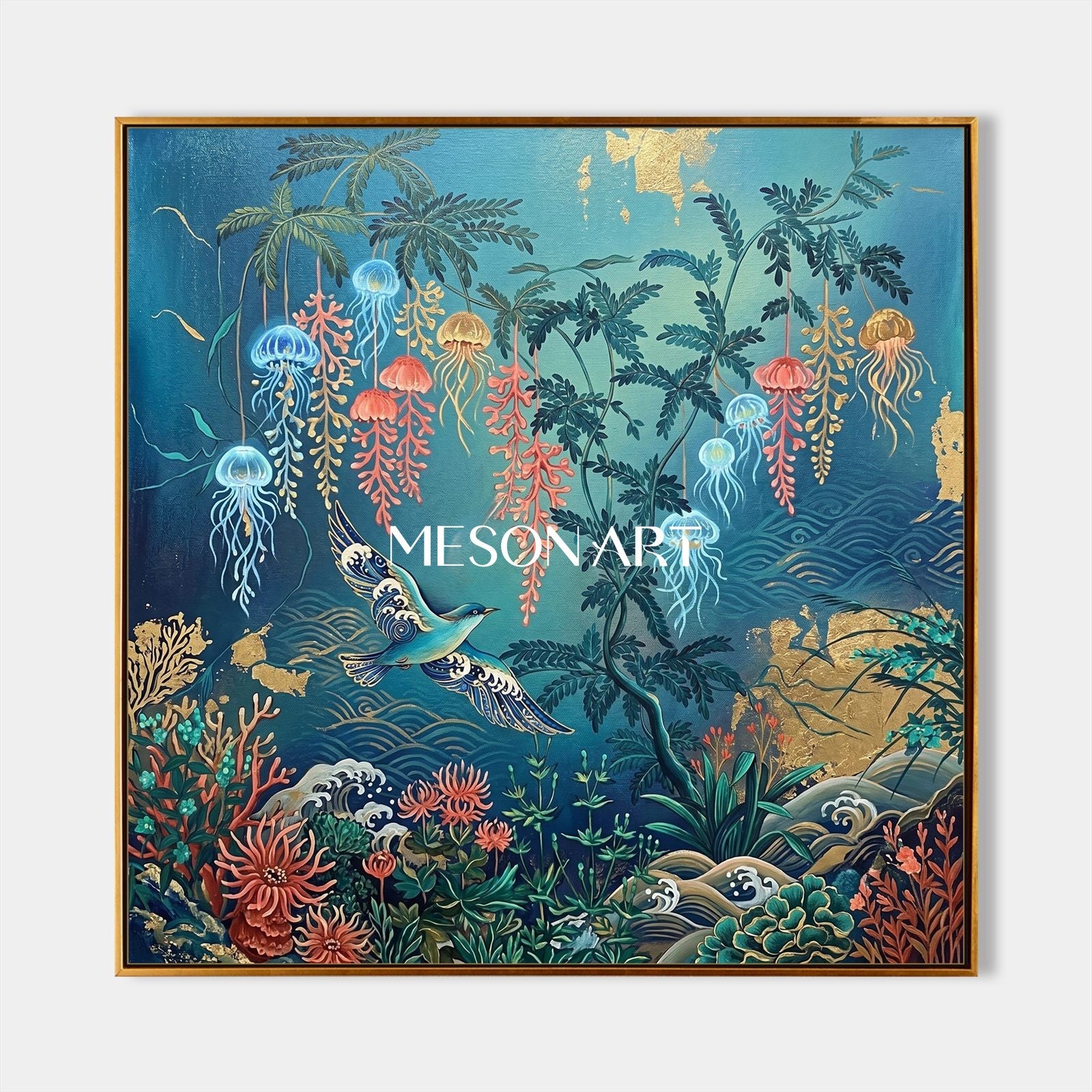 Contemporary Ukiyo-e Ocean Art With Gold Leaf For Living Room Decor