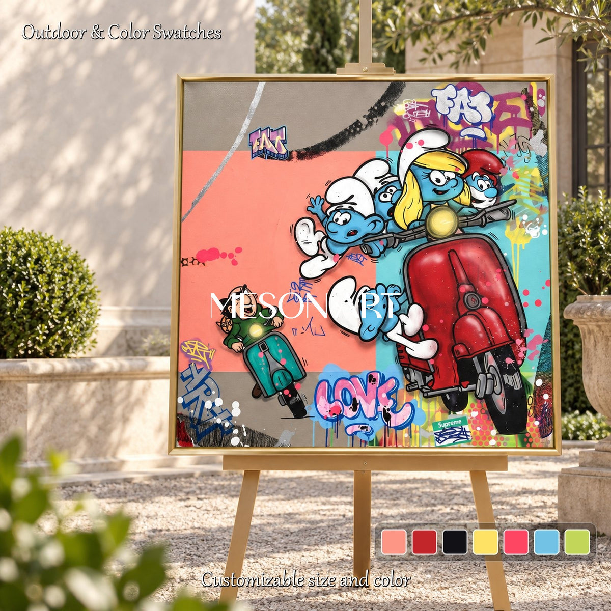 Blue And Red Graffiti Painting Of Smurfs Square Wall Art Original Artist Hand Painted By Mesonart