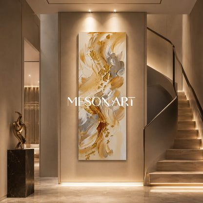 Gilded Fluid Harmony Abstract Painting With Gold Leaf For Modern Living Room Entryway Decor