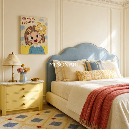 Colorful Cartoon Girl Painting With Floral Accents For Kids Bedroom Decor