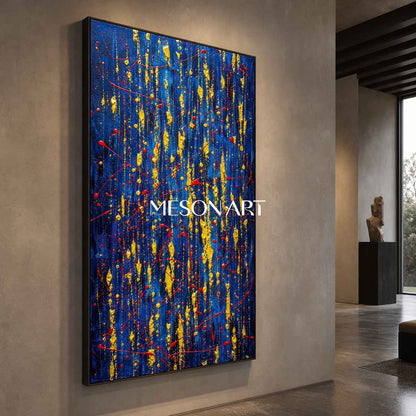 Blue And Gold Abstract Painting For Sale Inspired By Pollock Action Art