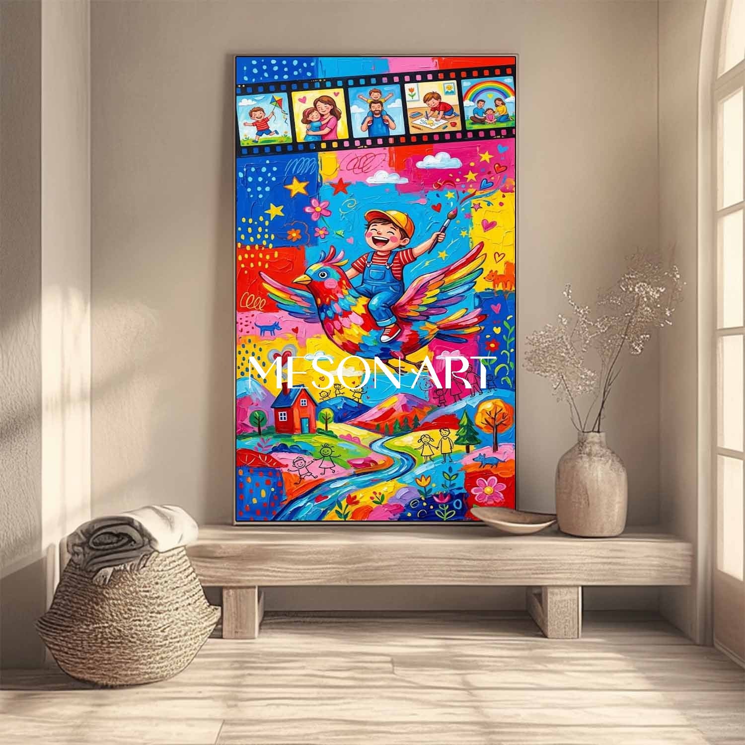 Colorful Surrealist Painting Of Boy On Bird For Kids Room Wall Art