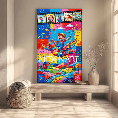 Colorato dipinto surrealista di ragazzo su uccello per la stanza dei bambini arte da parete