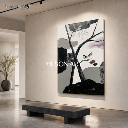 Art Deco Black White Bird Painting With Red Accent For Modern Living Room Entryway Decor