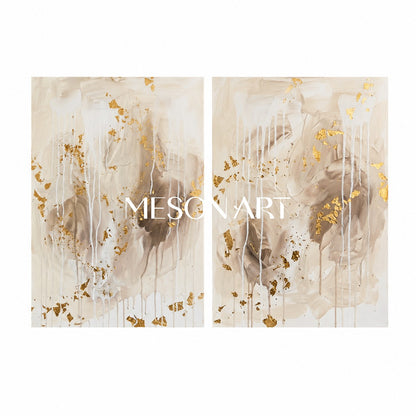 Gilded Abstract Diptych With Gold Leaf For Modern Living Room And Entryway Decor