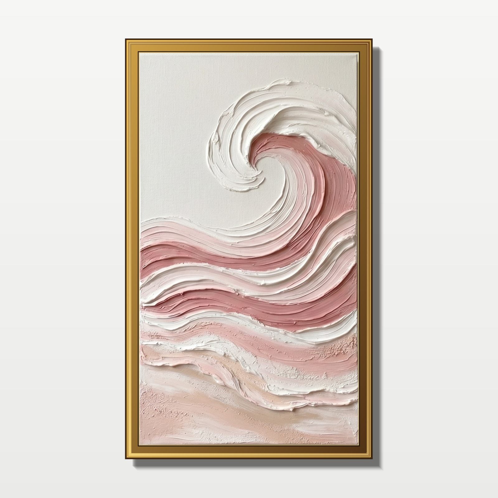 Pink Ocean Wave Textured Art With Gold Frame For Modern Bedroom Decor