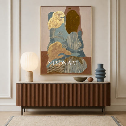 Beige-goldenes, abstraktes, strukturiertes, rechteckiges Wandbild – Originalwerk eines zeitgenössischen Künstlers von Mesonart