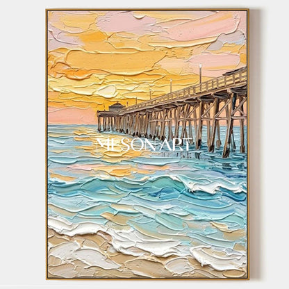 Luxury Coastal Pier Sunset Painting With Thick Impasto Waves For Living Room And Bedroom Decor