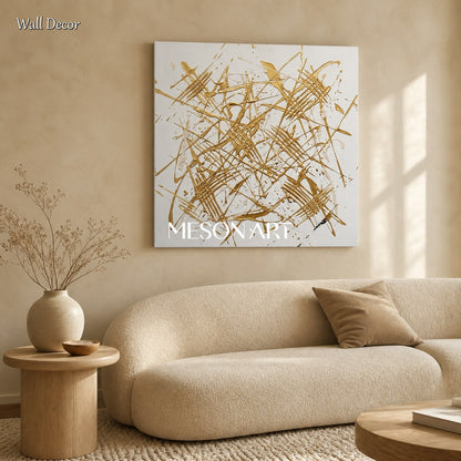 White And Gold Abstract Expressionism Painting Jackson Pollock Inspired Square Wall Art For Living Room By Mesonart