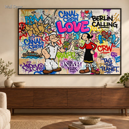 Blue And Red Graffiti Wall Art Rectangular Popeye Original Artist Hand Painted By Mesonart