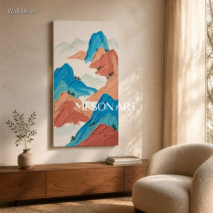 Blue And Orange Mountain Landscape Art Contemporary Impasto Painting Hand Painted By Artist Panoramic Wall Decor For Living Room By Mesonart
