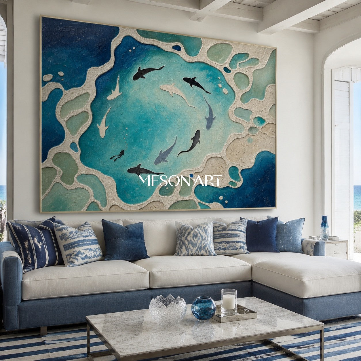 Abstract Ocean Shark Painting With Textured Reef For Modern Living Room Decor
