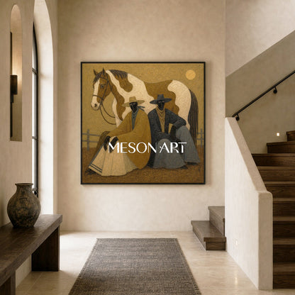 Earthy Textured Cowboy And Horse Painting For Modern Farmhouse Living Room Decor