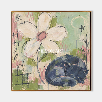 Green And Pink Pop Art Square Wall Decor Original Artist Hand Painted Modern Abstract Cat Flower Painting By Mesonart