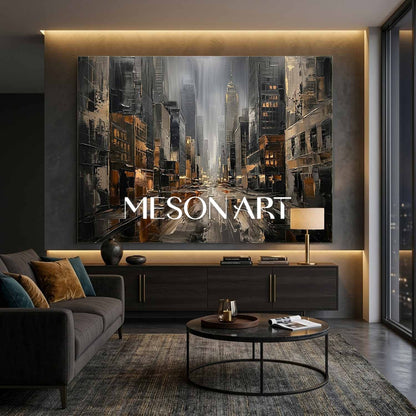 Abstract City Art With Gold Accents And Plaster Texture For Modern Living Room Decor
