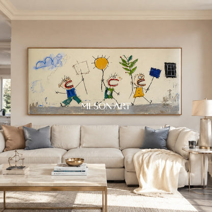 Whimsical Pop Art Painting With Bold Characters And Textured Impasto For Modern Living Room Decor