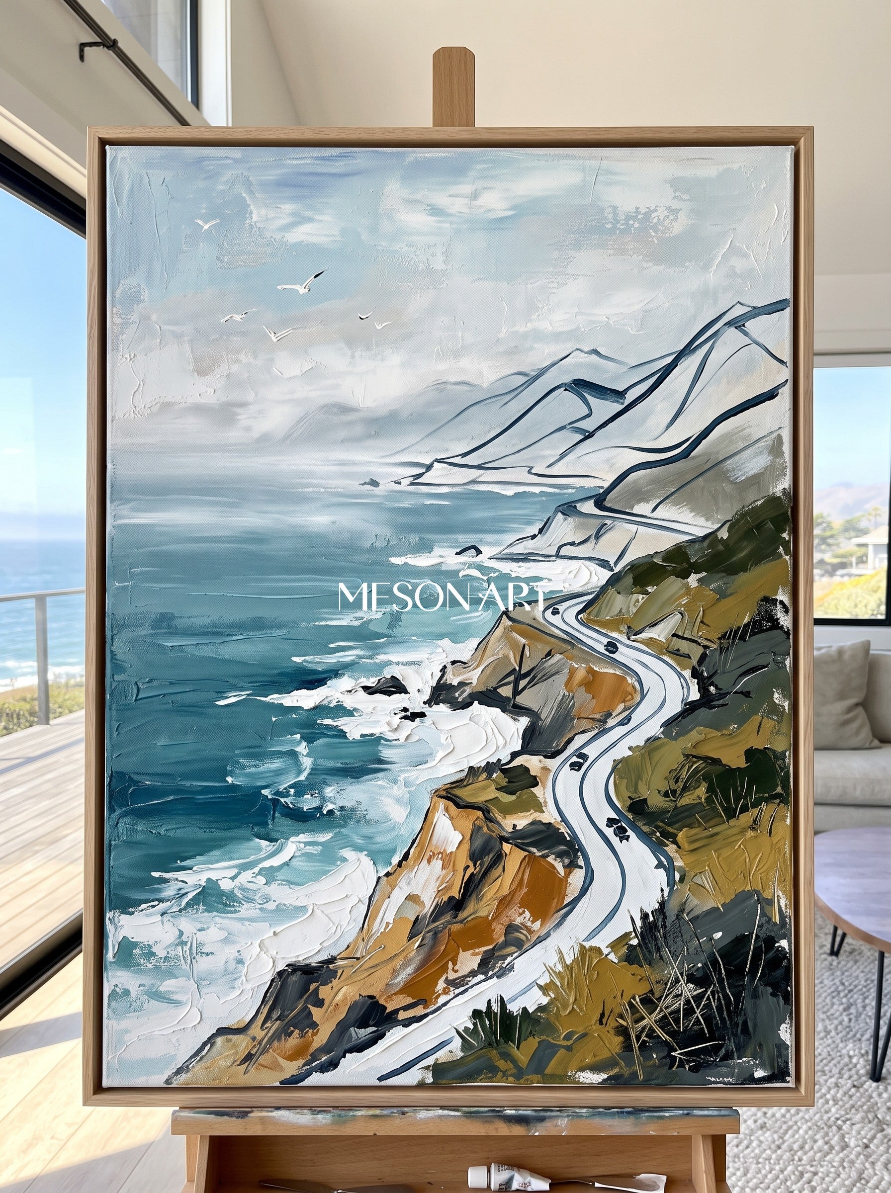 Blue And White Landscape Painting Modern Coastal Mountain Art Rectangular Wall Decor Original Artist By Mesonart