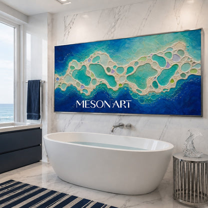 Large Blue Abstract Ocean Painting Textured Wall Art For Modern Living Room Decor