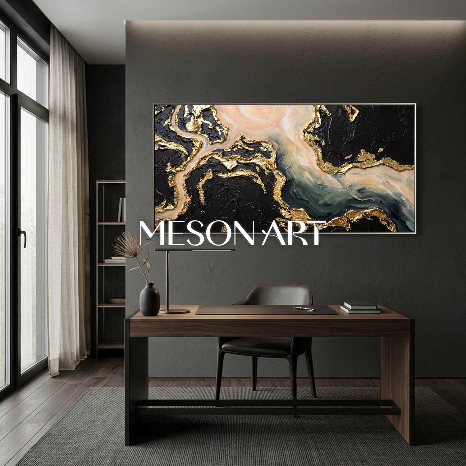 Gilded Tides Abstract Plaster Painting With Gold Leaf For Art Deco Living Room Entryway