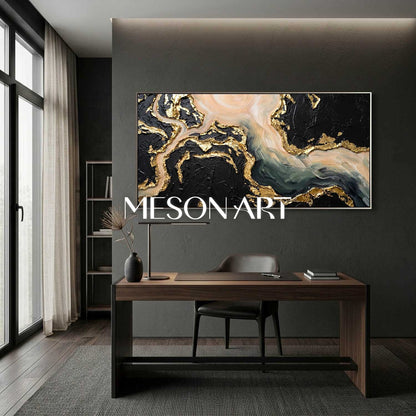 Gilded Tides Abstract Plaster Painting With Gold Leaf For Art Deco Living Room Entryway