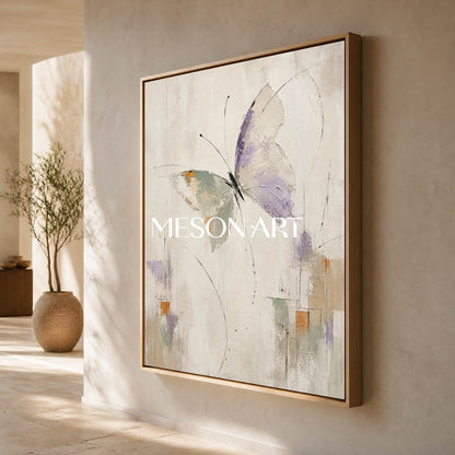 Minimalist Butterfly Abstract Painting In Violet Beige For Modern Home Decor