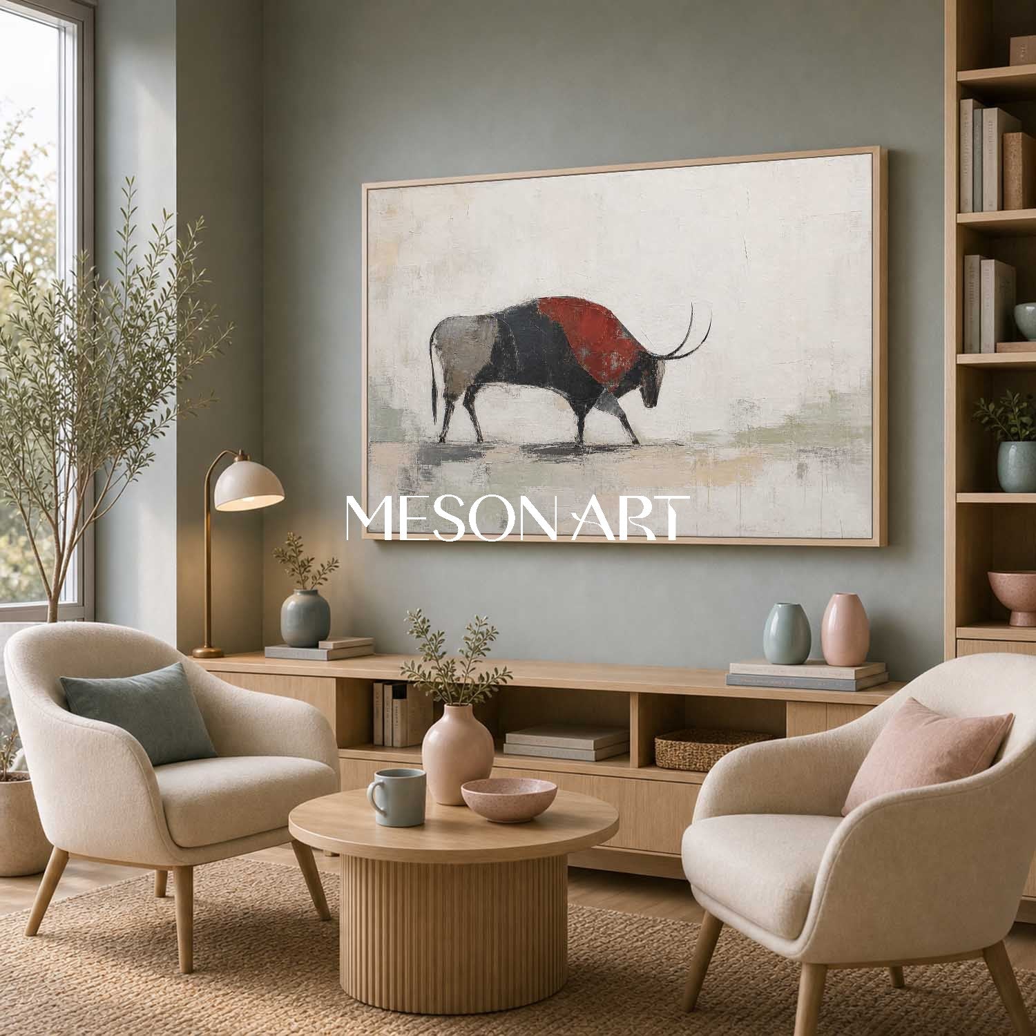 Minimalist Abstract Bison Painting In Beige And Black For Modern Living Room Wall Decor