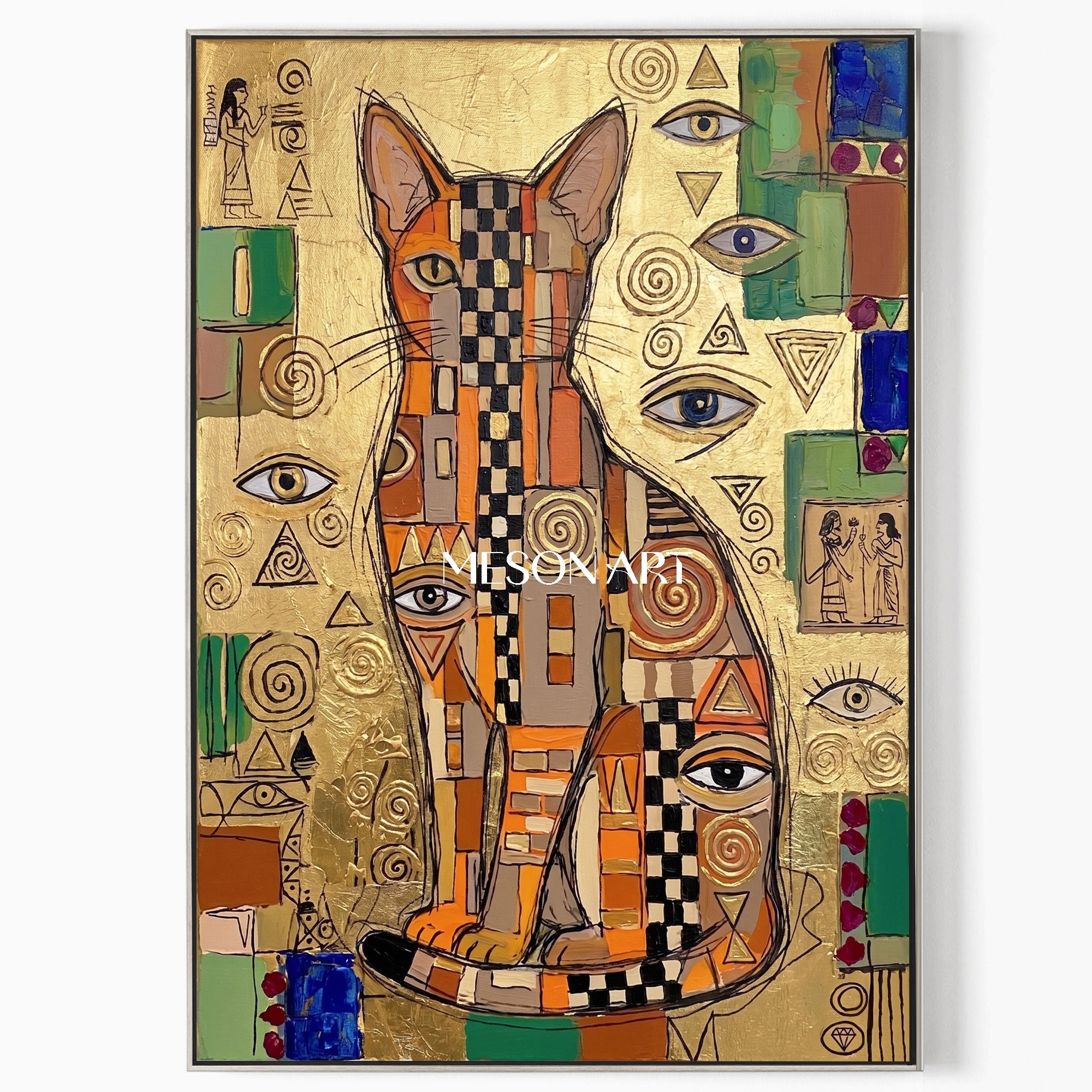 Luxury Golden Egyptian Cat Painting With Geometric Mosaic And Symbolic Eyes For Living Room Decor