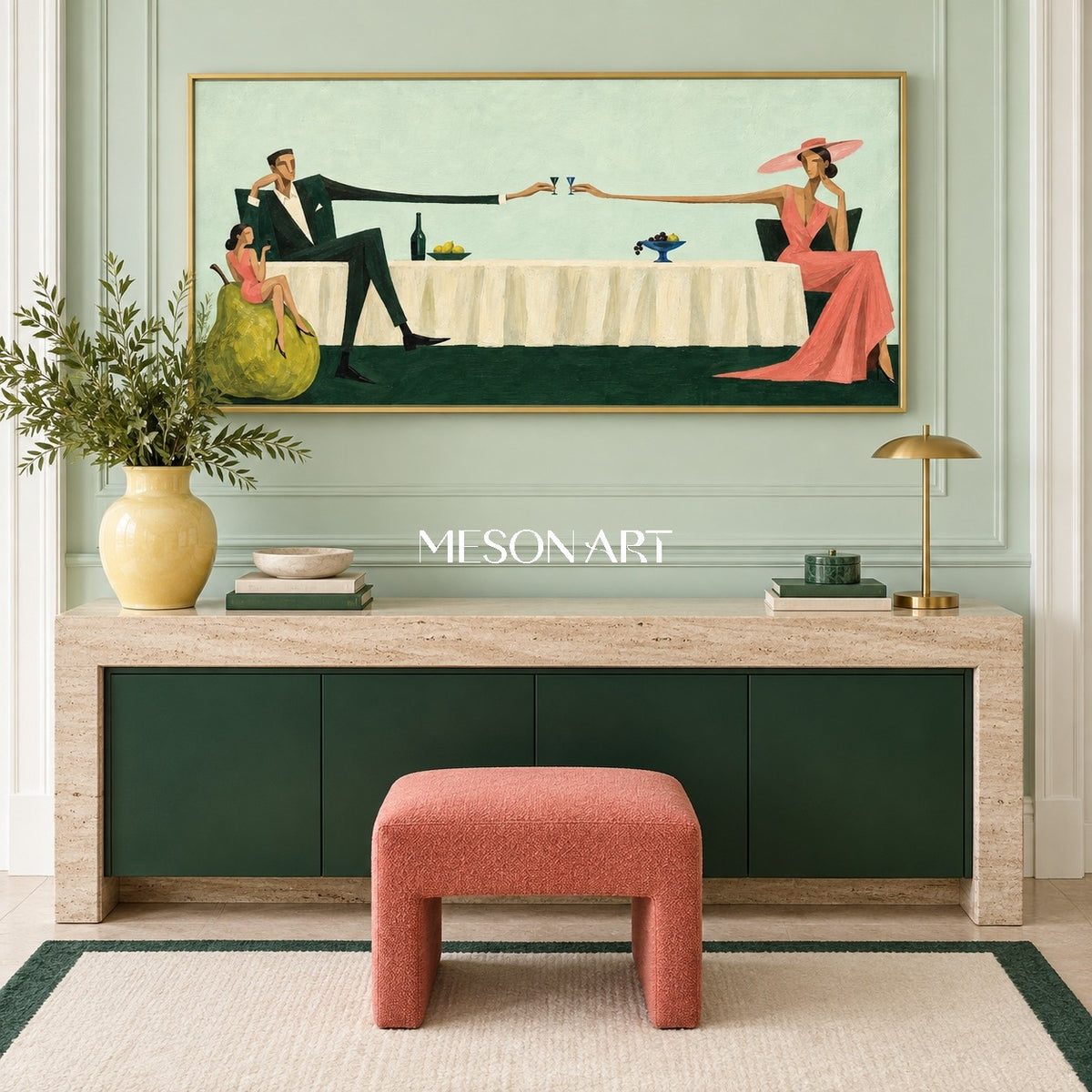 Green And Pink Figurative Modern Minimalist Panoramic People Wine Art By Mesonart