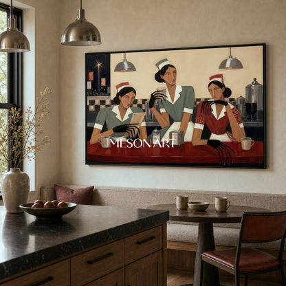 Art Deco Figurative Painting With Geometric People For Modern Living Room And Dining Room Decor